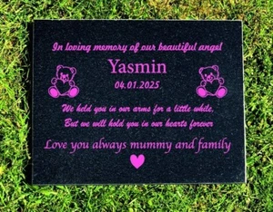 Large Personalised Baby Granite Memorial Grave Headstone - Teddy Bear Pink Words - Picture 1 of 7