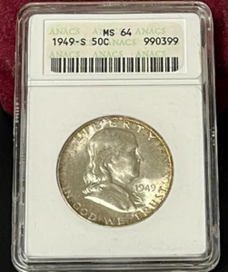 1949-S Franklin Half Dollar 90% Silver Graded Coin MS 64 Anacs Key Date See Pics - Picture 1 of 6