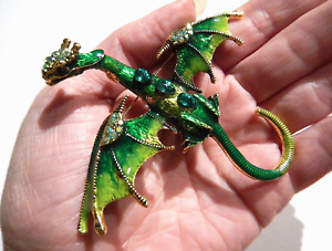 GREEN DRAGON BROOCH or PENDANT flying wyvern enamel crystal pin fantasy D4