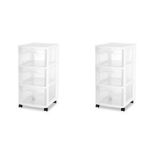(2 Pack) Plastic 3 Drawer Storage Cart with Wheels White Container 14"X13"X24"