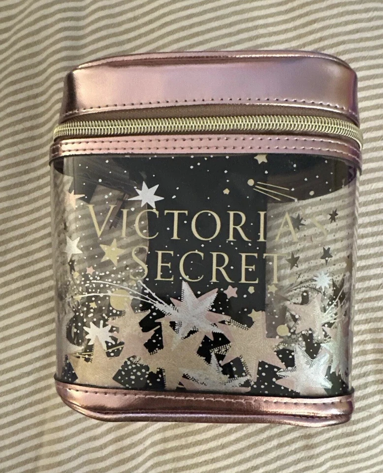 Victoria Secret Tren Estuche de Viaje Maquillaje Bolsa de Cosméticos Transparente Metálico Rosa Dorado Foto 1 de 4