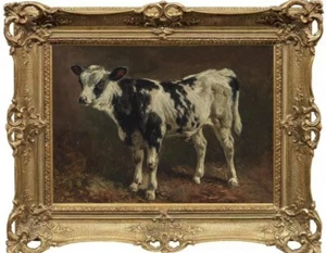 Antigua pintura al óleo hecha a mano de arte maestro animal vaca sobre lienzo 24"x30" - Imagen 1 de 2