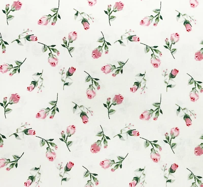 100% Cotton Fabric - Pretty Pink Rose Bud Floral on Ivory - Craft Material Metre - Image 1 of 4