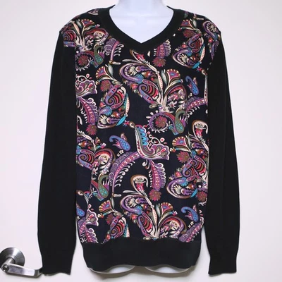 ETRO - Black/Blue Paisley 100% Cotton Long Sleeve V-Neck Sweater - Men's Medium - Image 1 of 4