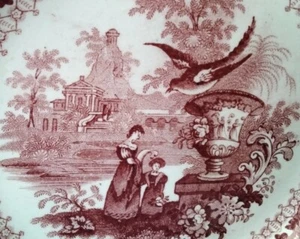 Seltener antiker Teller Ralph Hall Carolina rot Transferware Trauervogel 1822-1841 - Bild 1 von 9