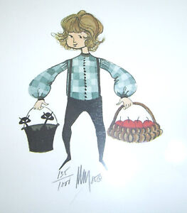 P. Buckley Moss " Billy " Boy in Blue with Apple Cats 1985 Print 135/1000 NOS