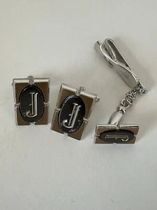 Vintage Hickok Silver Tone Cuff Links & Tie Bar, Monogramed "J", USA, 1960's c1 - Picture 1 of 9