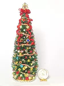 OOAK Rhinestone & Silk Bow Christmas Tree 4.75" Tree 1:12 Dollhouse Miniature - Picture 1 of 18