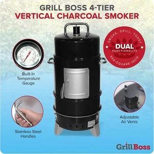 Grill Boss Affumicatore Verticale a Carbone, 4 Livelli, 564 Pollici Quadrati, Nero - Foto 1 di 9