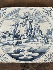 Antique Dutch Delft Tile Shepherds Sheep At Water Well Tin Glazed 17th Century