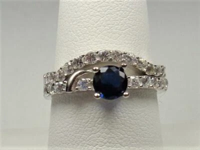 JUEGO DE ANILLOS DE PROMESA DE PIEDRA AZUL OCÉANO PROFUNDO BRILLANTE NÁUTICO PLATA ESTERLINA TALLA 9 Foto 1 de 4