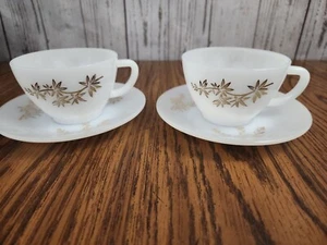 Federal Milk White Cups & Saucers Golden Glory Pattern Vintage Retired Lot of 2 - Picture 1 of 15
