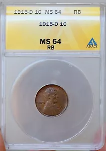 Centavo de trigo Lincoln 1915 D - gema RB / MS64 RB ANACS - Imagen 1 de 2