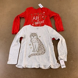 Carter's Girls Size 7 Long Sleeve Red Holiday Gray Leopard Graphic Tees NWT - Picture 1 of 9
