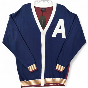 ZARA MAN Varsity Letter Cardigan Large Navy Blue Burgundy Colorblock Sweater - Picture 1 of 10