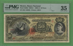 MEXICO 50 PESOS 1909 BANCO NACIONAL PICK # S260d PMG 35 CHOICE VERY FINE. - Picture 1 of 2