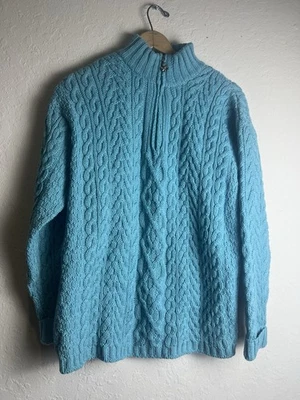 Aran Crafts 毛衣爱尔兰女式 XXL 蓝色美利奴羊毛渔夫开衫拉链 — 第 1/4 张图片