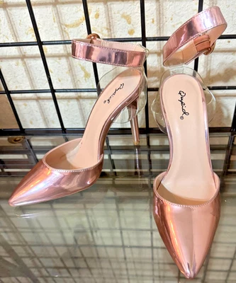 NUEVO NUEVO SIN ETIQUETAS Qupid ROSA Metalizado Correa de Tobillo Tacones Altos LINDOS 4 en Tacón Talla: 7 Foto 1 de 4