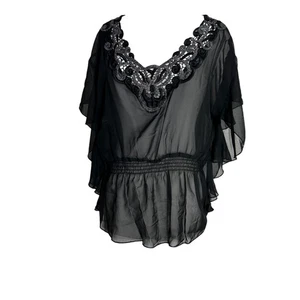 Ultrarosa Blusenshirt Größe L transparent schwarz Fledermaus Flügelärmel verziert - Bild 1 von 8