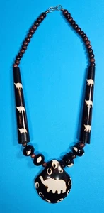 African Batik Bone Necklace, Batik Brown and White, Wood Beads - Picture 1 of 4