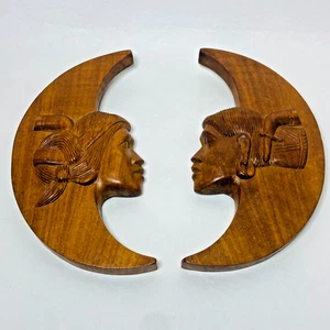 Vintage Pair of Native American Indian Wooden Carved Moons Wall Hangings - Picture 1 of 7