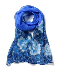 Women's 100% Mulberry Silk Scarf Hand Painted Floral Sky Blue - Picture 1 of 7