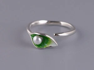 I05 Ring mit weißer Perle Silber 925 grünes Blatt Cloisonne größenverstellbar - Bild 1 von 4