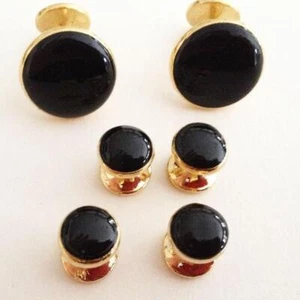 Deluxe Gold-plated Round Cuff Links & Studs, Black Inserts, Velvet Box (1 set) - Picture 1 of 4