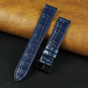 20mm Blue Flat Leather Watch Band Men Genuine Crocodile Watch Strap Black Buckle - Picture 1 of 4