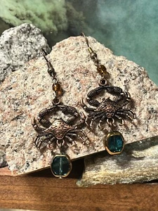 Copper Crab Drop Earrings, Crab with Blue Stone, Copper and Blue Crab handcraft - Picture 1 of 6