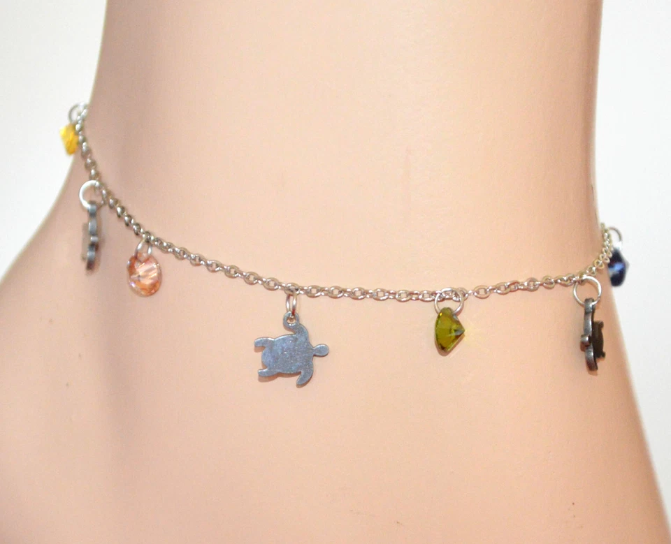 Cavigliera donna argento acciaio ciondoli cristalli verde blu gialli rosa S73 - Immagine 1 di 4