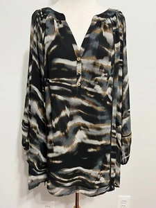 Calvin Klein 1/2-Knopf Bluse Schwarz Grau Beige Knochen Animal Print Gr. 1X Neu ohne Etikett - Bild 1 von 17