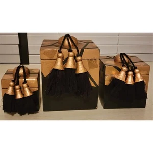 Nesting Boxes-Set of 3-Black & Gold Decoupage-Tassles - Picture 1 of 14