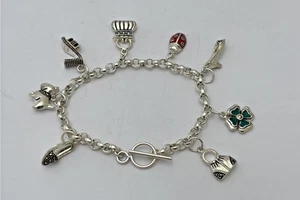 STERLING SILVER 925 MARCASITE CHARM TOGGLE BRACELET 8 CHARMS - 7.5" - Picture 1 of 11