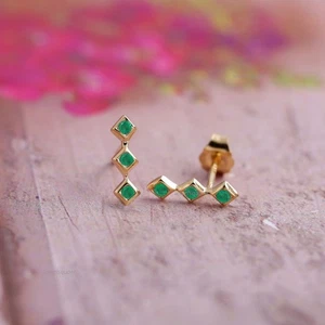 Zambian Emerald Bar Tiny Studs Earrings In Solid 14K Yellow Gold Birthday Gift - Picture 1 of 8