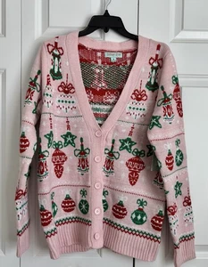 UGLY CHRISTMAS SWEATER CARDIGAN PINK SIZE MEDIUM LONG SLEEVE KNIT - Picture 1 of 6