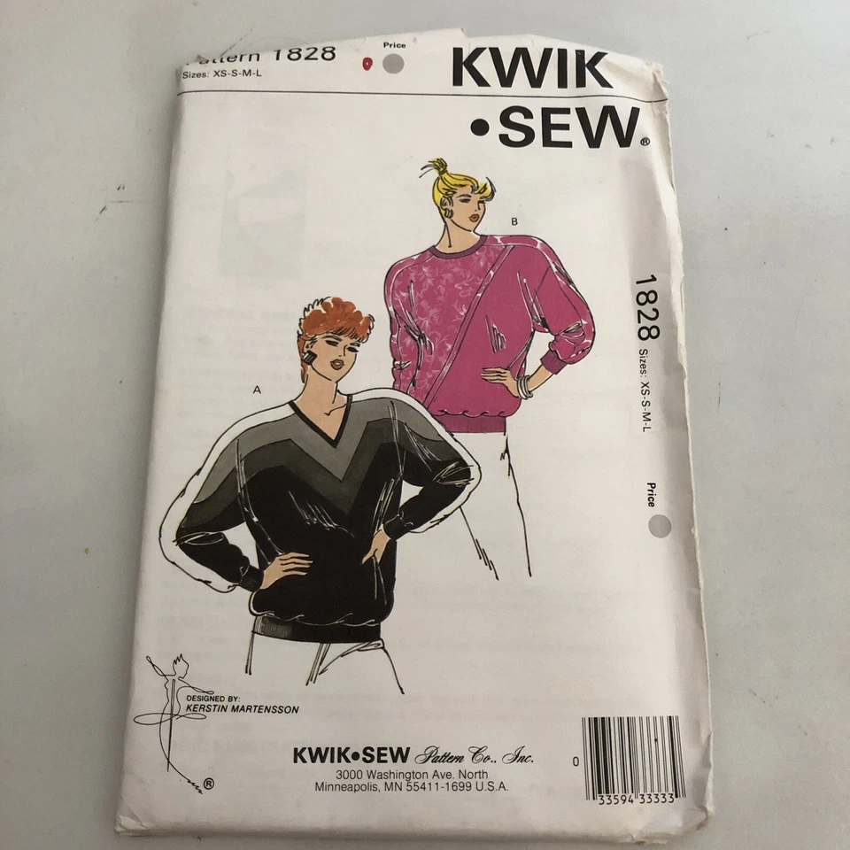 Vtg Kwik Sew #1828  XS S M L  loose fitting Pullover tops, stretch knits uncut - Image 1 of 2