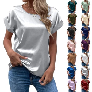 Womens Satin Casual Short Sleeve T-Shirt Tunic Tops Ladies Loose Solid Blouse UK - Picture 1 of 28