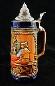 Piedra de cerveza alemana vintage original Gerzit Gerz con tapas de peltre 1 litro #42 hecha a mano - Imagen 1 de 6