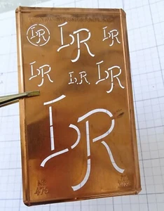 LR L R monogram stencil embroidery antique LARGE copper metal initials letters - Picture 1 of 3