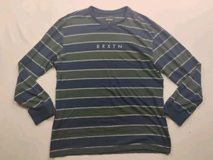Brixton Embroidered Spellout Mens Medium Long Sleeve Blue Green Striped Shirt - Picture 1 of 8