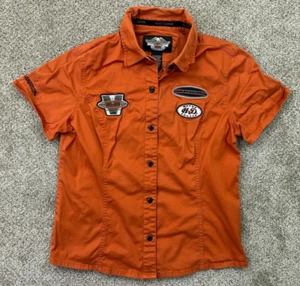 Harley Davidson Shirt Women's Medium Orange Mechanic Garage Biker Short Sleeve - Picture 1 of 9