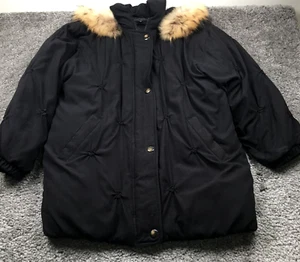 Gallery Womens Down Coat Sz L Black Fox Trim Removable Hooded Full Zip EUC - Picture 1 of 11