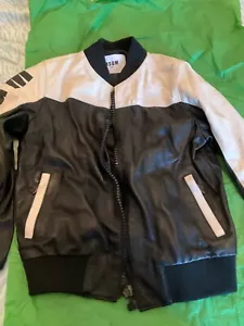 EXCELLENT COND MSGM Black Logo 100% Leather Baseball Jacket w/ Ribbed Cuffs - 8 - Picture 1 of 6