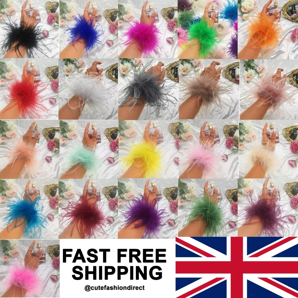 1 Pair FULL VOLUME Ostrich Feather Cuff Snap Bracelet 20+ Colours! High Quality