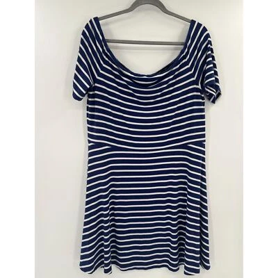 WHBM White House Black Market XL Navy Stripe Off Shoulder A-Line Dress Nautical - Image 1 of 4