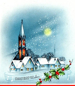 Vintage Weihnachtskarte: : MONDSCHEINDORF IM FALLENDEN SCHNEE - Bild 1 von 3