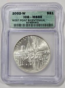 COMMEMORATIVE SILVER DOLLAR: 2002-W WEST POINT BICENNTENIAL ICG MS69 (995) - Picture 1 of 2
