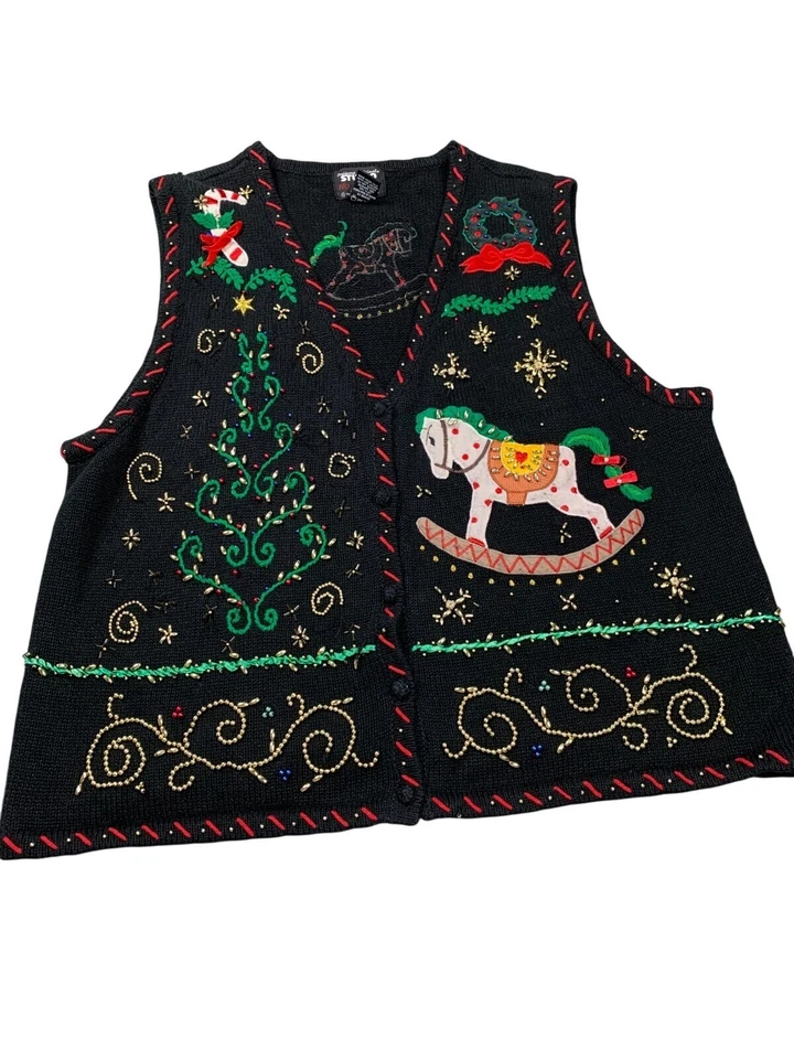 Vintage Christmas Vest Womens XL Black Beaded Tree Rocking Horse Holiday Cottage - Image 1 of 4