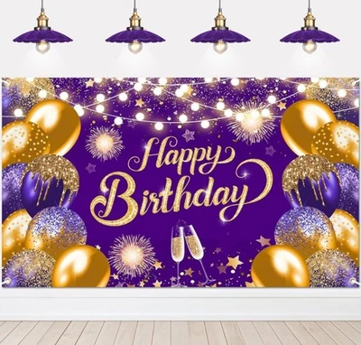 Telón de fondo de feliz cumpleaños dorado púrpura 6X3,6 pies pancarta púrpura para fiesta de cumpleaños... Foto 1 de 4
